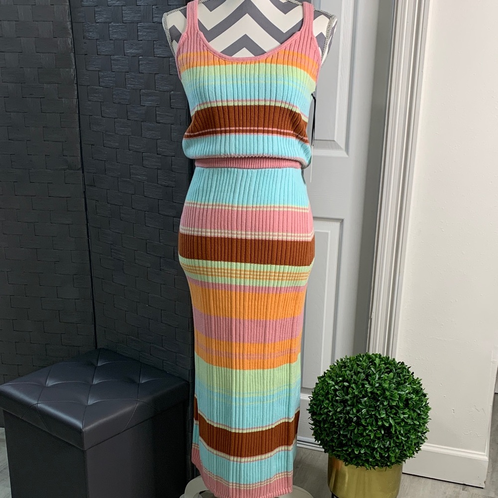 Colorful Striped Knit Co-Ord Midi Skirt Set